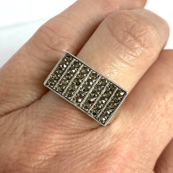 VTG Sterling Silver 925 7 Row Marcasite Rectangular Wide Band Ring Sz 5.5 - Picture 3 of 16